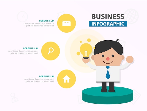 Homem de negócios bonito mostrar infográfico de idéia de lâmpada