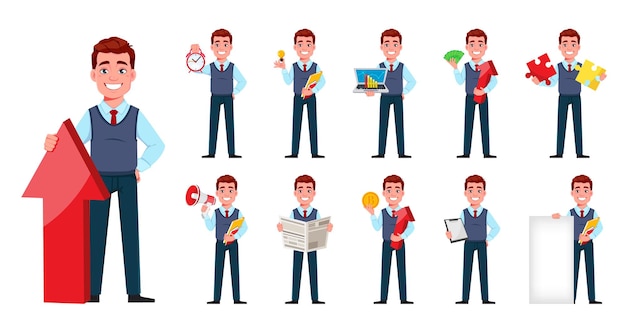 Homem de negócios bonito. o personagem de desenho animado do jovem empresário em estilo simples define onze poses