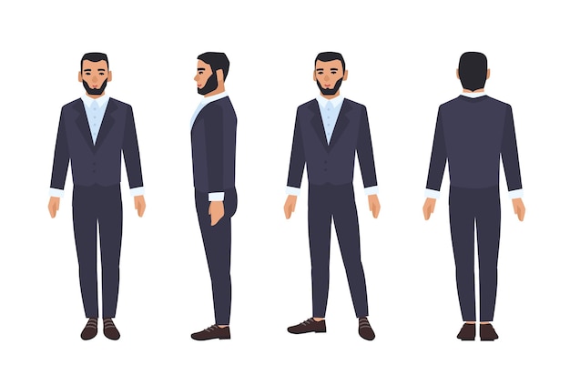 Homem de negócios caucasiano ou trabalhador de escritório masculino com barba, vestido com um terno elegante ou roupas formais. personagem de desenho animado plana isolada no fundo branco.