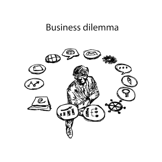 Vetor homem de negócios com os braços cruzados olhando para a rotação de ícones de negócios ilustração vetorial