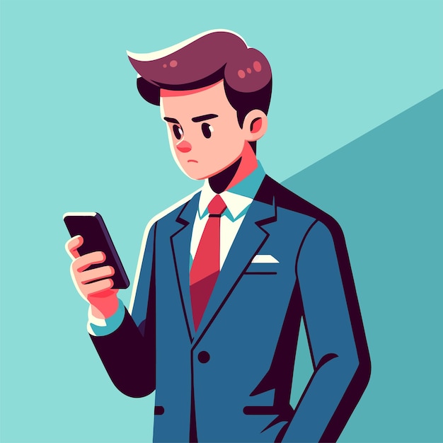 Vetor homem de negócios de pé e usando um smartphone em design plano