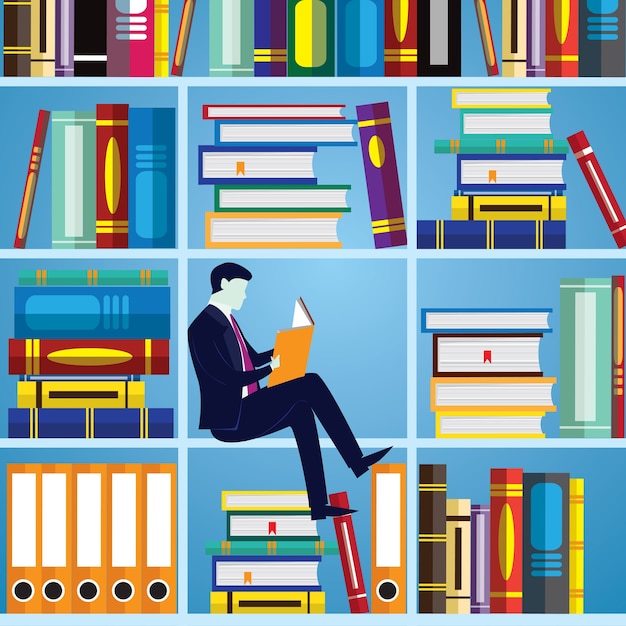 Homem de negócios e livros. knowledge business education concept