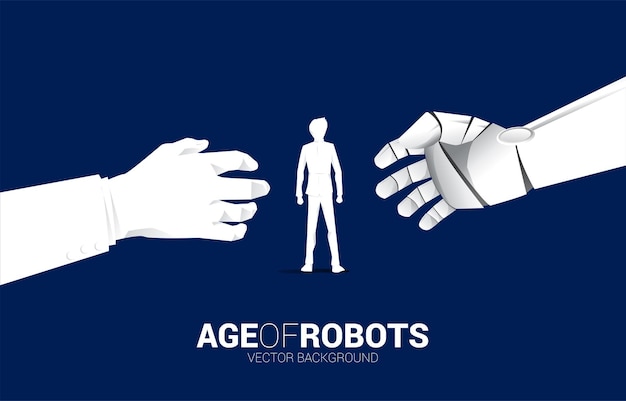 Vetor homem de negócios e mão de robô chegam a tocar com o conceito de mão humana nascimento da era da máquina de aprendizagem ai