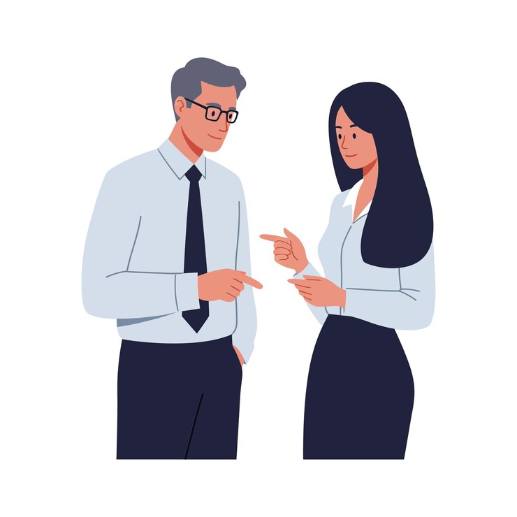 Homem de negócios e mulher de negócios discutindo o trabalho em ilustração vetorial de design plano profissional