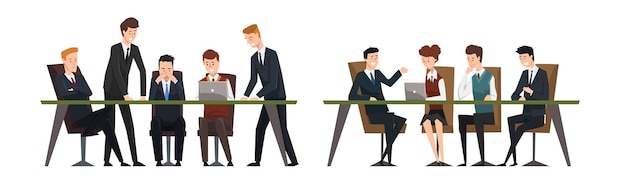 Homem de negócios e mulher personagem em terno formal sentar-se à mesa têm brainstorm vector set
