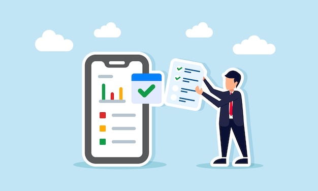 Homem de negócios segurando uma lista de verificação de documentos ao lado de um smartphone exibindo uma ilustração de gráfico de monitoramento do desempenho e progresso do projeto de negócio