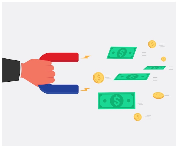 Homem de negócios usa um ímã para puxar uma moeda de dólar americano