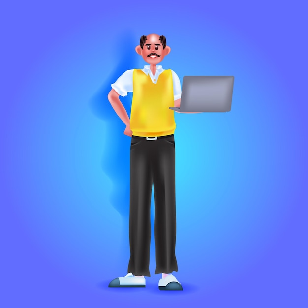 Homem de negócios usando laptop personagem de desenho animado com conceito de rede de mídia social de notebook