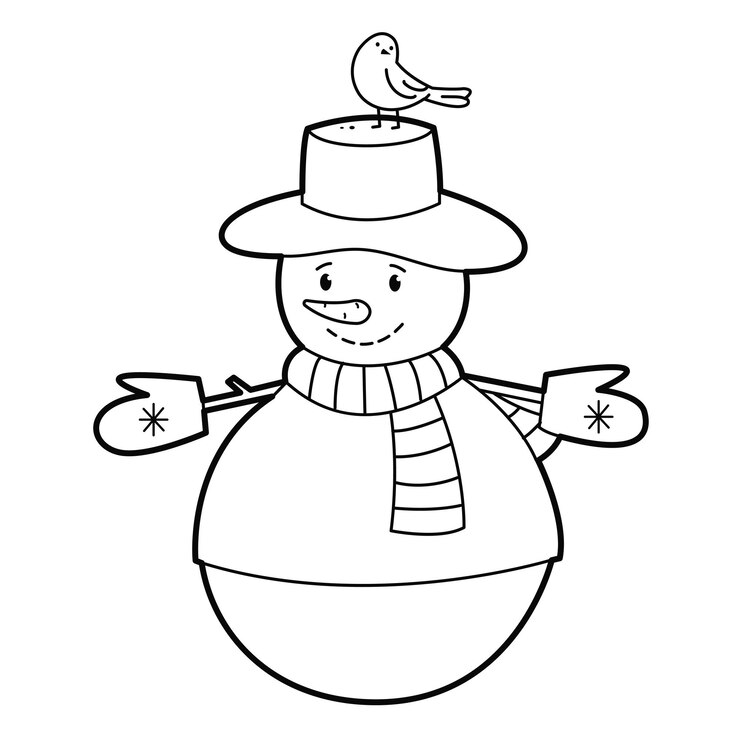Vetor homem de neve em chapéu com um pássaro ilustração de contorno preto e branco