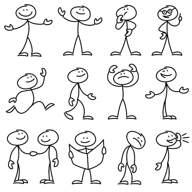 Homem de pau desenhado mão dos desenhos animados em conjunto de poses diferentes
