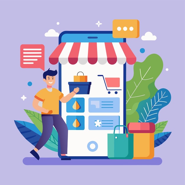 Homem de pé ao lado de Big Phone Compras aplicativo móvel loja on-line serviço aplicativo para smartphone Ilustração vetorial plana simples e minimalista