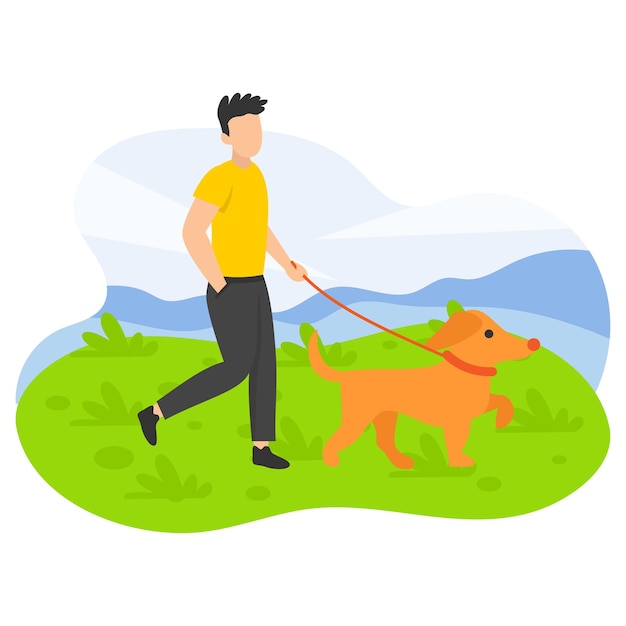 homem de pé com cachorro retriever na natureza Turistas de conceito com design de ícone de cor de vetor de animal de estimação ao ar livre