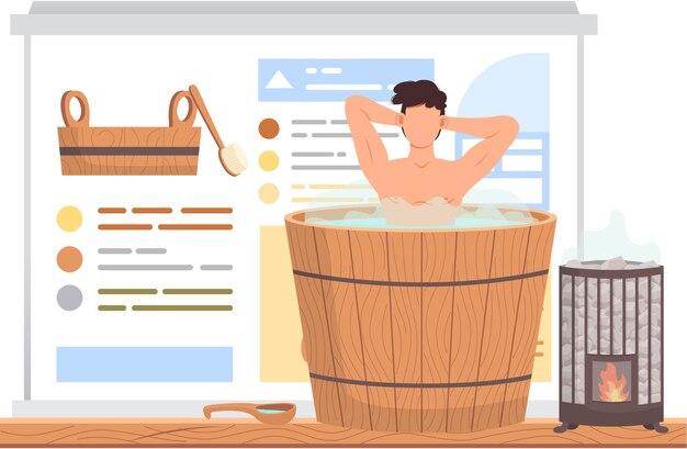 Homem de pé em barril e banho com as mãos para cima Homem na banheira contra o fundo de cartaz com acessórios de sauna vassoura para banya e texto Personagem masculino em vapor quente Pessoa relaxando na casa de banho