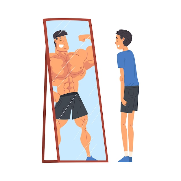 Homem de pé em frente ao espelho olhando para o seu reflexo e imaginando-se como um atleta musculoso atraente homem comum vendo-se de forma diferente na ilustração vetorial do espelho