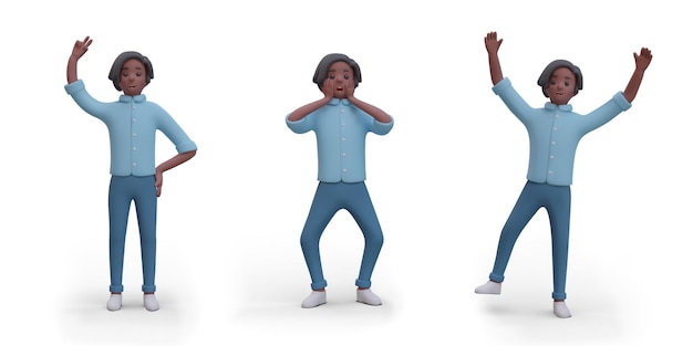 Homem de pele escura em diferentes poses personagem masculino preto é feliz surpreso acenando