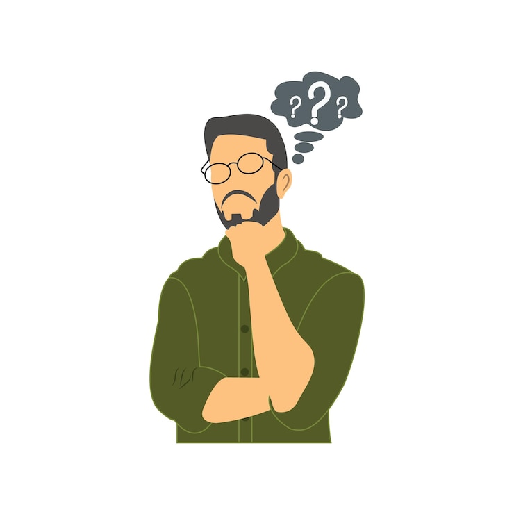 Vetor homem de pensamento vetorial ilustração vetorial plana personagem masculino e bolha de pensamento com vetor de pergunta