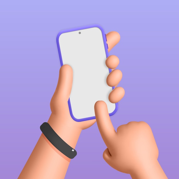 Homem de renderização realista de vetor 3D segurando smartphone em design de maquete de duas mãos