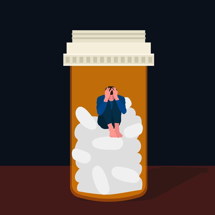 Vetor homem de saúde mental sentado deprimido em medicamentos em ilustração plana