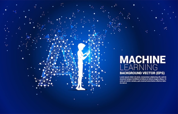Homem de silhueta de vetor usar telefone móvel Linha de conexão de ponto de polígono em forma de AI. Conceito de aprendizado de máquina e inteligência artificial.