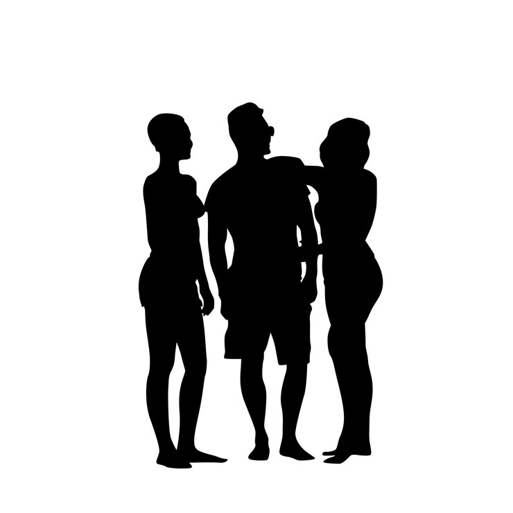 Vetor homem de silhueta permanente com duas mulheres de comprimento total sobre fundo branco
