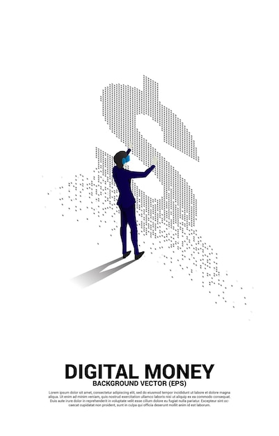 Vetor homem de silhueta usa óculos vr com ícone mondy de pequeno pixel quadrado conceito para tecnologia de dinheiro digital e finanças digitais