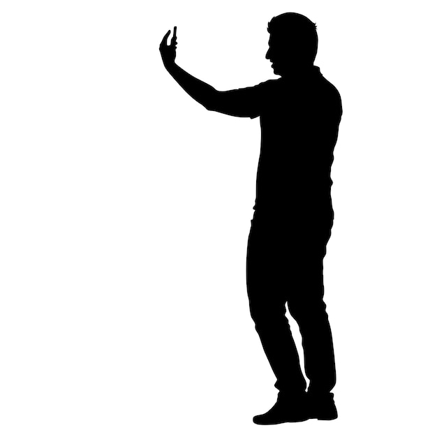 Vetor homem de silhuetas tomando selfie com smartphone em fundo branco