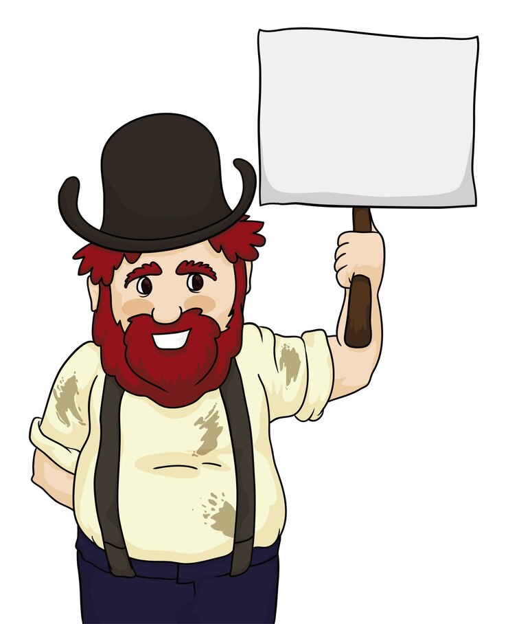 Vetor homem de trabalho com cabelo vermelho e barba, roupas sujas, chapéu e segurando um cartaz em branco no estilo de desenho animado