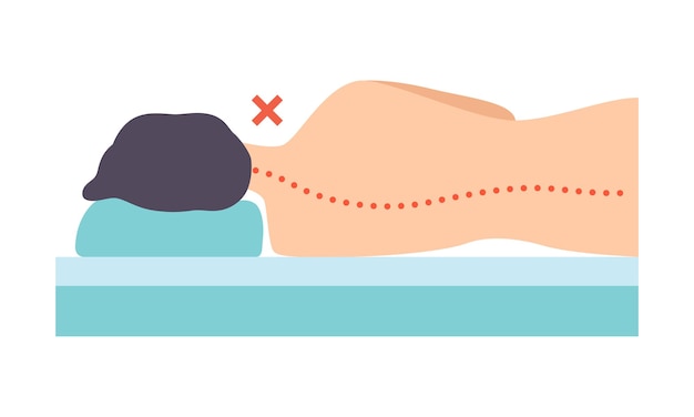 Vetor homem deitado de lado, postura incorreta de dormir para pescoço e coluna, posição de dormir pouco saudável