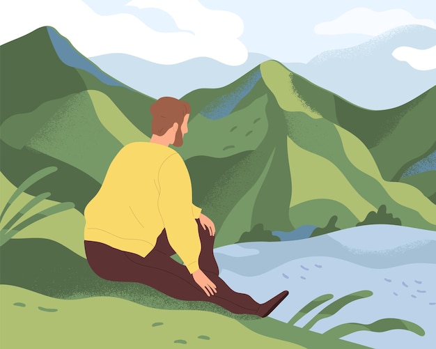 Homem descansando na natureza sozinho. pessoa pensativa sentada na margem do rio, olhando para a água e pensando na vida em solidão e calma. ilustração em vetor plana colorida de cara relaxante na solidão.
