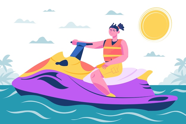 Vetor homem desenhado à mão na ilustração de jet ski