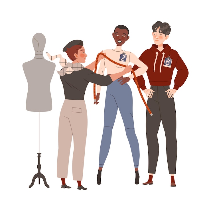Vetor homem designer de moda ou alfaiate tomando medidas de modelo de mulher para ilustração vetorial de roupas