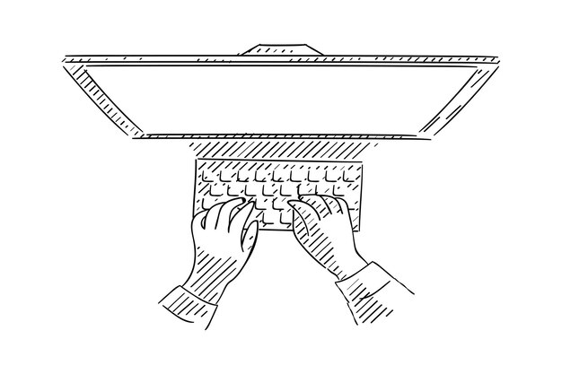 Homem digitando teclado no conceito de negócio desenhado à mão de esboço de computador