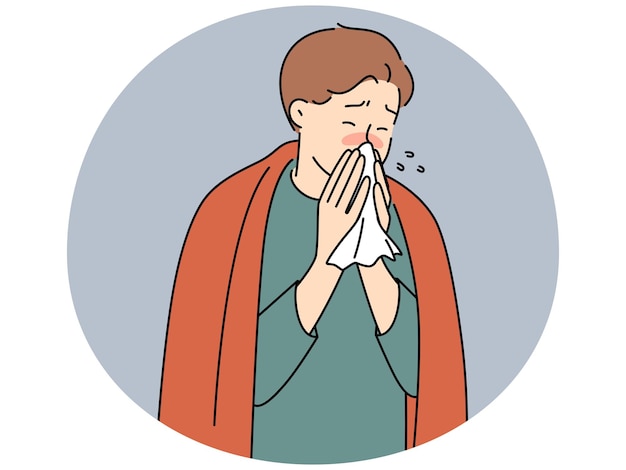 Homem doente assoar o nariz sofre de gripe