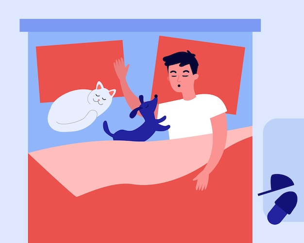 Homem dormindo na cama com animais de estimação adoráveis. gato, cachorro, ilustração plana de travesseiro. animais domésticos e conceito de estilo de vida
