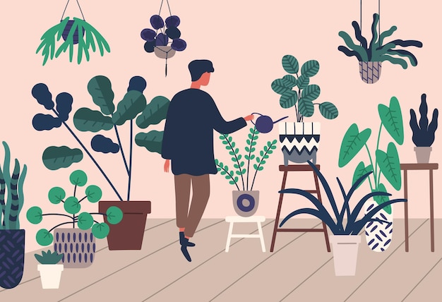 Homem dos desenhos animados botânico regando a ilustração em vetor planta de casa. Macho colorido crescer e cultivar planta em vaso verde, desfrutando de passatempo. Cara casual cuidar do jardim doméstico.