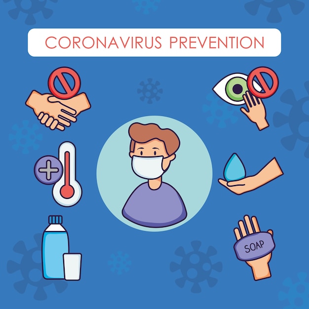 Homem dos desenhos animados com máscara bucal e conjunto de ícones de prevenção de coronavírus