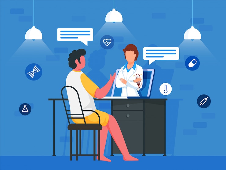 Vetor homem dos desenhos animados, falando com o médico, mulher no laptop em casa com elementos médicos sobre fundo azul.