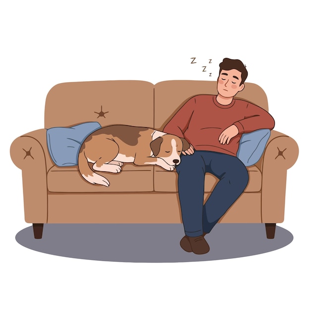 Homem e cão dormindo juntos em um sofá descansando em paz obra de arte