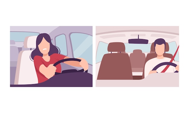 Homem e mulher a conduzir um carro sentados no assento do condutor de um veículo a motor, segurando as mãos no volante.
