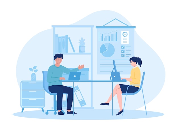Homem e mulher a fazer negócios a trabalhar em equipa. Ilustração plana do conceito de tendência.