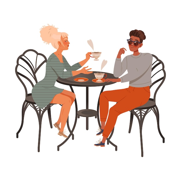 Homem e mulher amantes do café sentados em uma mesa de café bebendo bebidas aromáticas quentes ilustração vetorial