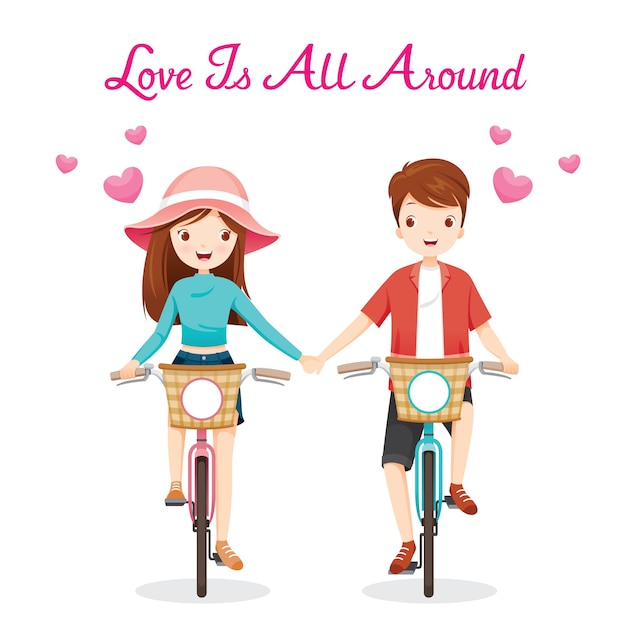 Homem e mulher andando de bicicleta, de mãos dadas, o amor está em toda parte