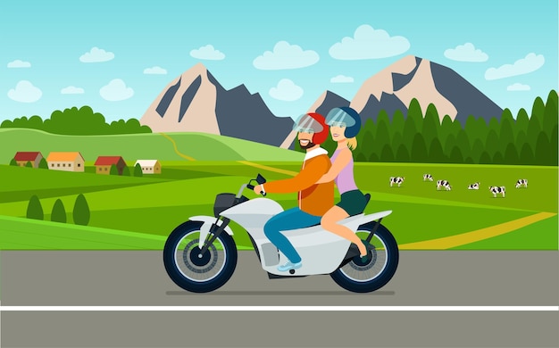 Homem e mulher andando de moto ilustração plana