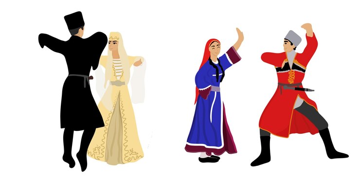 Vetor homem e mulher caucasianos em trajes tradicionais executam a dança folclórica lezginka. definir.