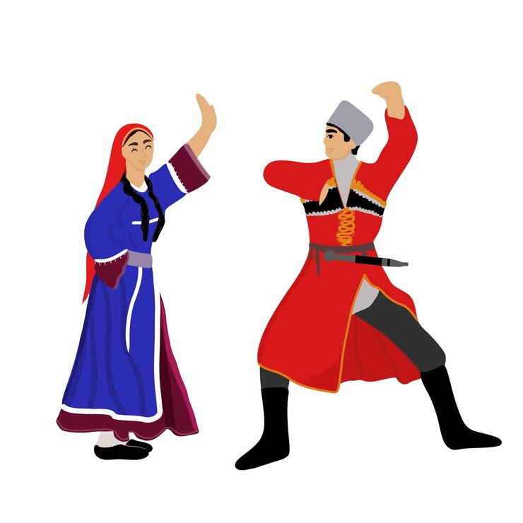 Vetor homem e mulher caucasianos em trajes tradicionais executam a dança folclórica lezginka.