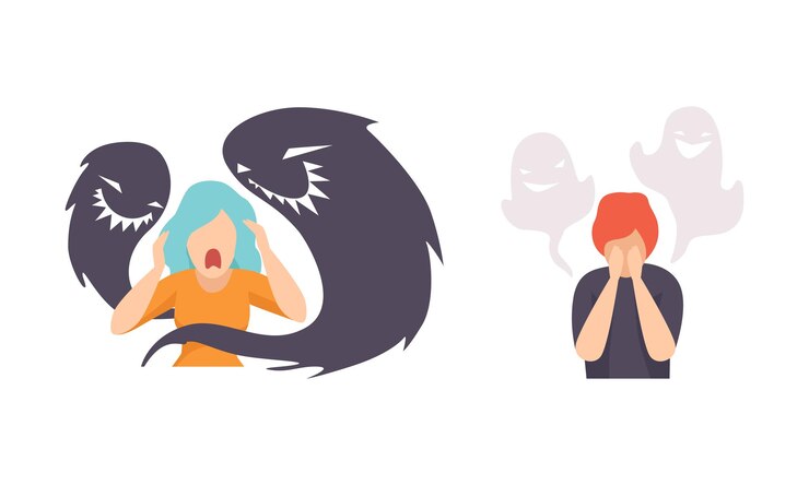 Vetor homem e mulher com distúrbio mental e conjunto de vectores de doença psíquica