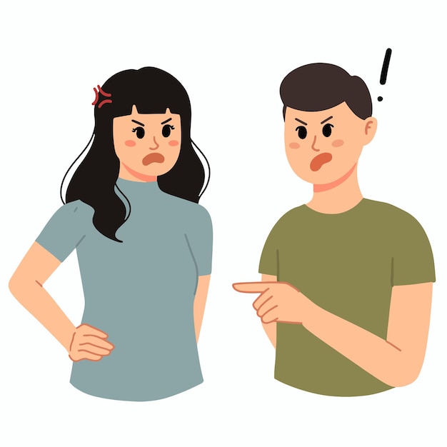 Homem e mulher com raiva um do outro casal discutindo louco apontando e gritando ilustração