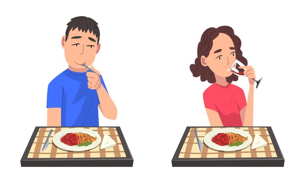 Homem e mulher comendo uma refeição deliciosa de um prato sentados à mesa com um conjunto de telas de tabuleiro a quadros