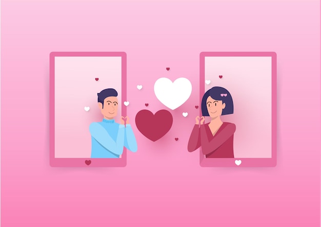 Homem e mulher coração assinam as mãos juntas no celular. dia dos namorados. ilustração em vetor plana.