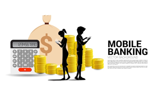 Homem e mulher da silhueta do vetor com telefone celular e pilha de moedas de um dólar. conceito de investimento móvel de sucesso e investimento de dinheiro.